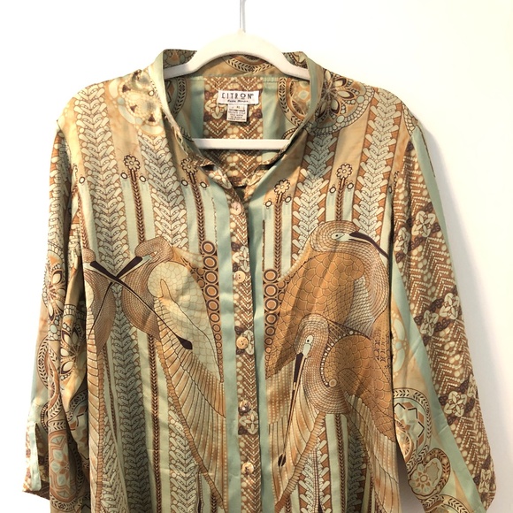Citron 100% Silk Bird Floral Button Front size XL - Picture 1 of 4